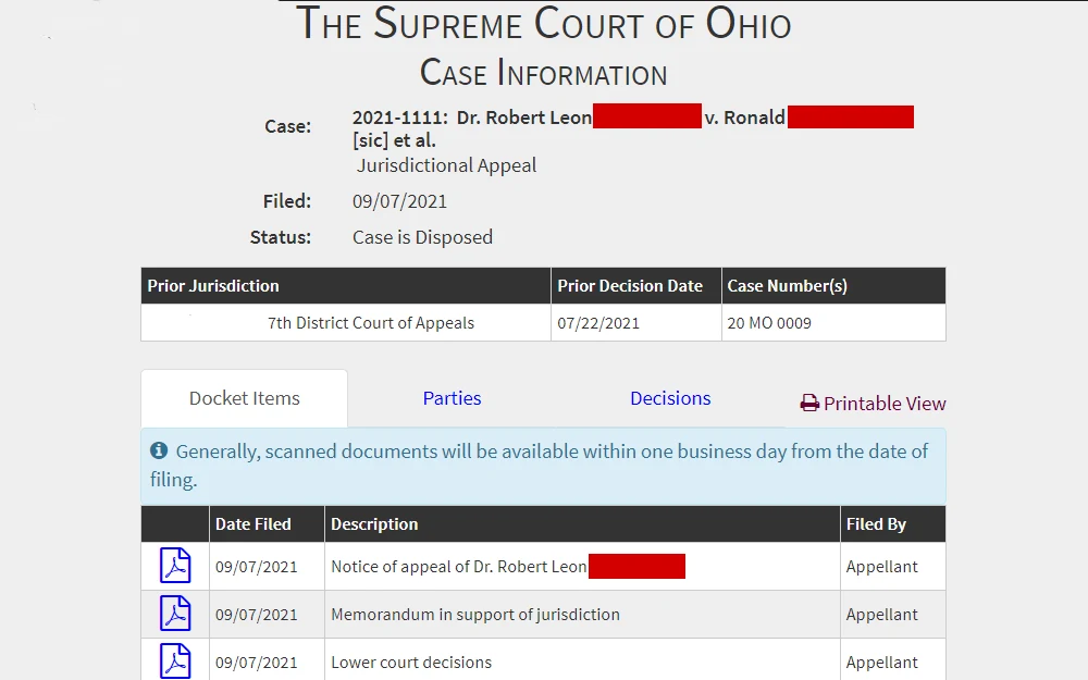 A screenshot of the search feature that allows individuals to search for records and information regarding cases tried or argued in the Supreme Court of Ohio.