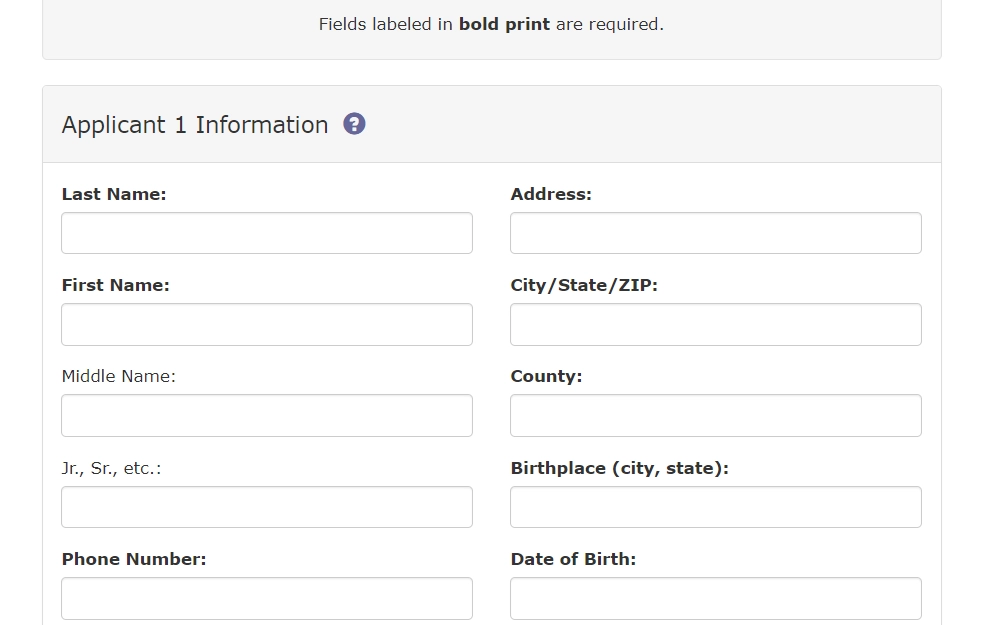 A screenshot of the application form used to obtain a marriage license.