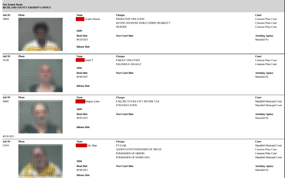 A screenshot of the list where all individuals that are currently incarcerated in Richland County is posted and frequently updated.