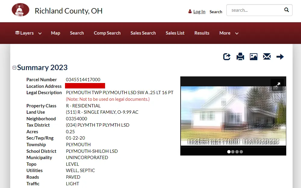 A screenshot of the online platform where individuals can search for properties and addresses and obtain information about any property taxes - if they're current or past due, for example.