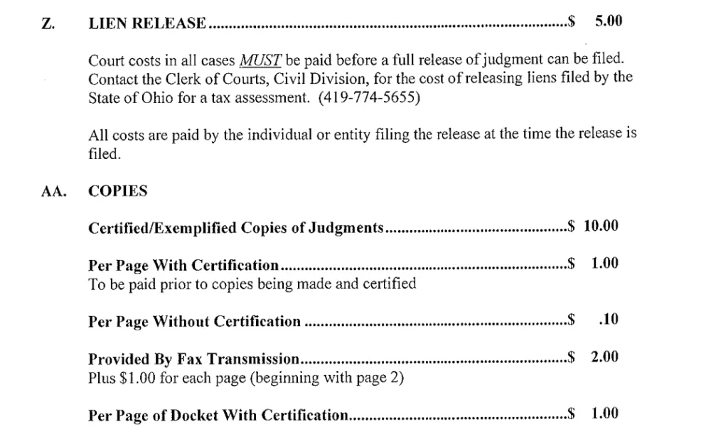 A screenshot showing the civil and criminal fee schedules displays lien release and copies such as certified/exemplified copies of judgments per page with and without certification.