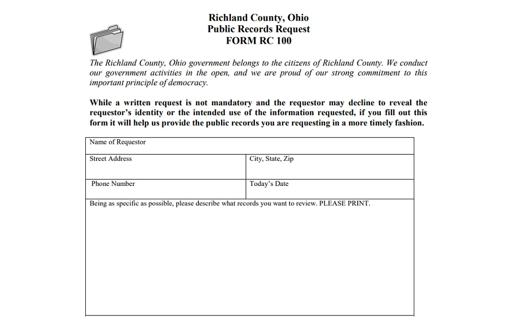 A screenshot displaying a public records request requires information such as the requestor's name, street address, phone number, city, state, ZIP code, date, and record description.