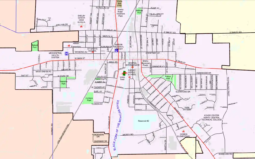 A screenshot displaying a visualization map showing locations or landmarks such as Shelby Municipal Power, Central Intermediate, some streets, schools, parks and others.