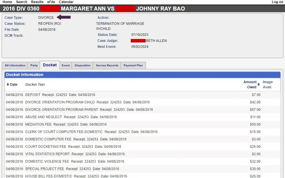 Screenshot from the Richland County Court of Common Pleas' case inquiry tool showing a divorce case's details including case title, type, and status, file date, action, status date, case judge, and next event date, followed by the content of the docket information tab below, listing the dates, docket texts, and amounts owed.