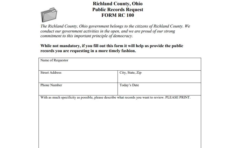 Screenshot of "Form RC 100" from the government of Richland County, Ohio, which serves as the public request form, displaying a disclaimer and an instruction for the form, followed by the provided fields for the request details including the following: name of requestor, address, phone number, date of request date, and records description.