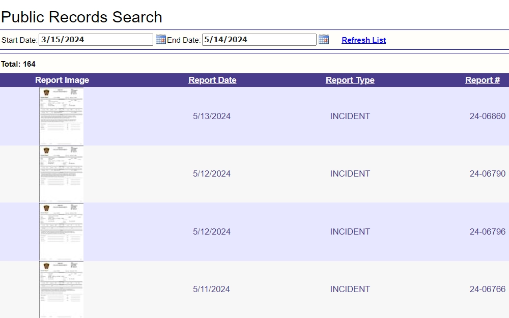 A screenshot from the Shelby Police Department displays a list of incidents, which interested parties can click on to open a full report about that particular episode.